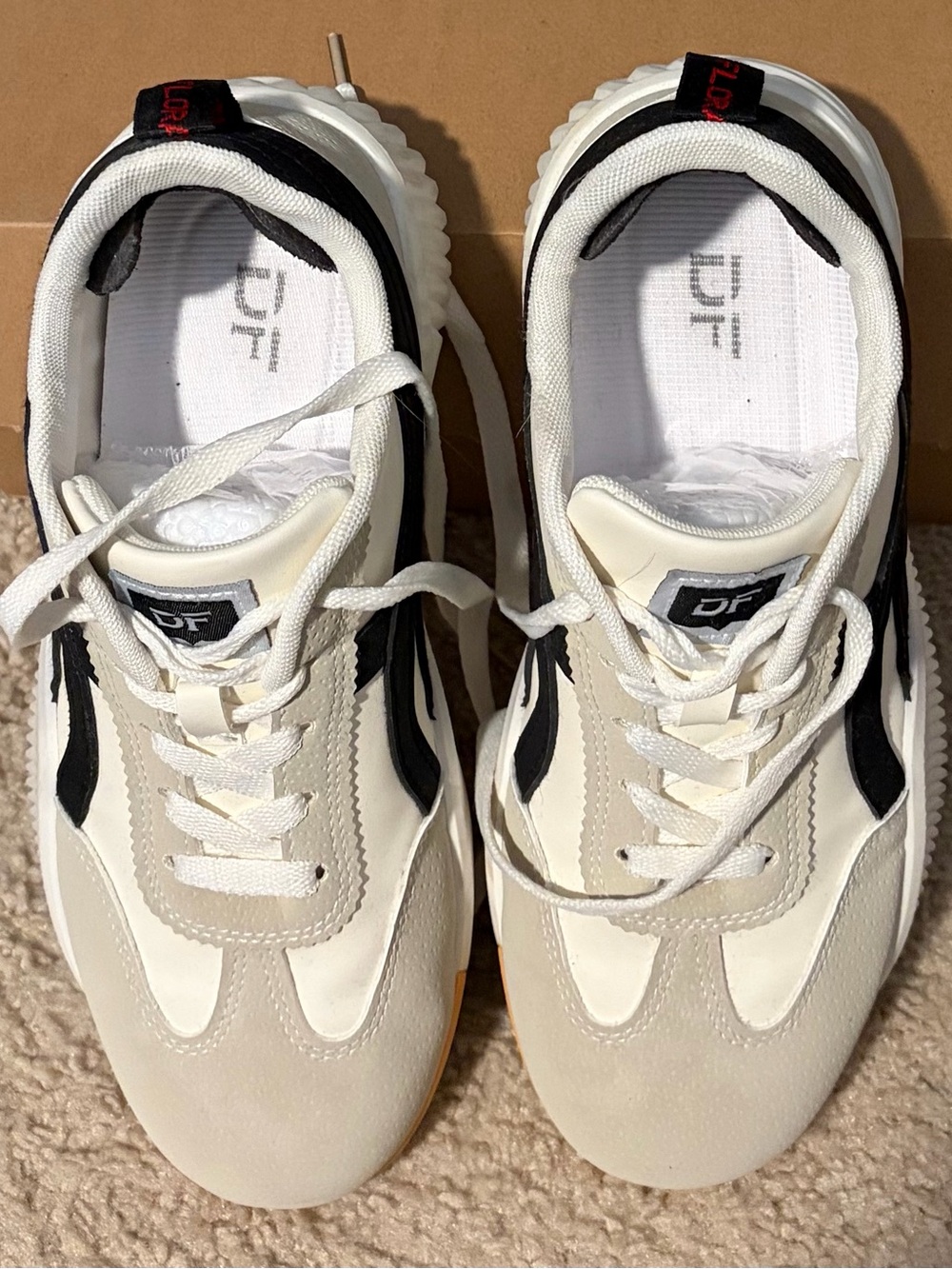 DF Women's Cream White and Black Lace-Up Sneakers